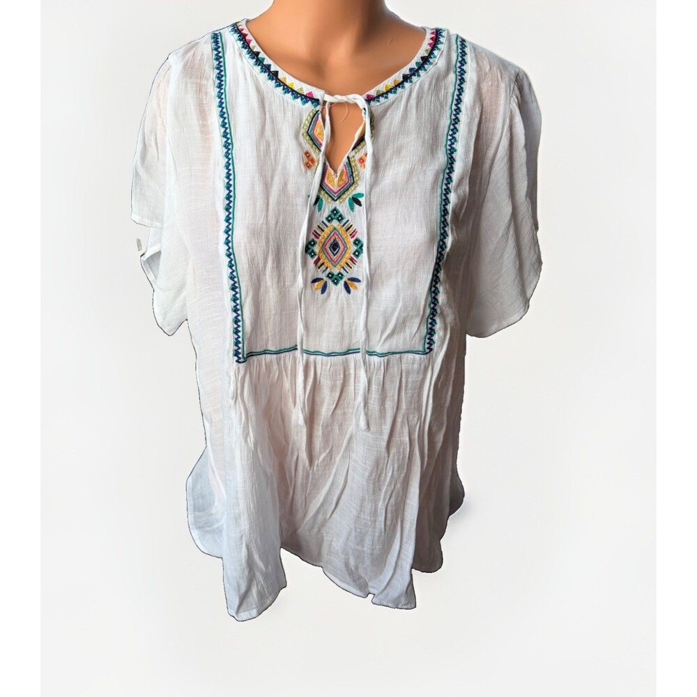 Zac & Rachel Woman 2X White Embroidered Peasant Top Boho Floral Semi Sheer Coast